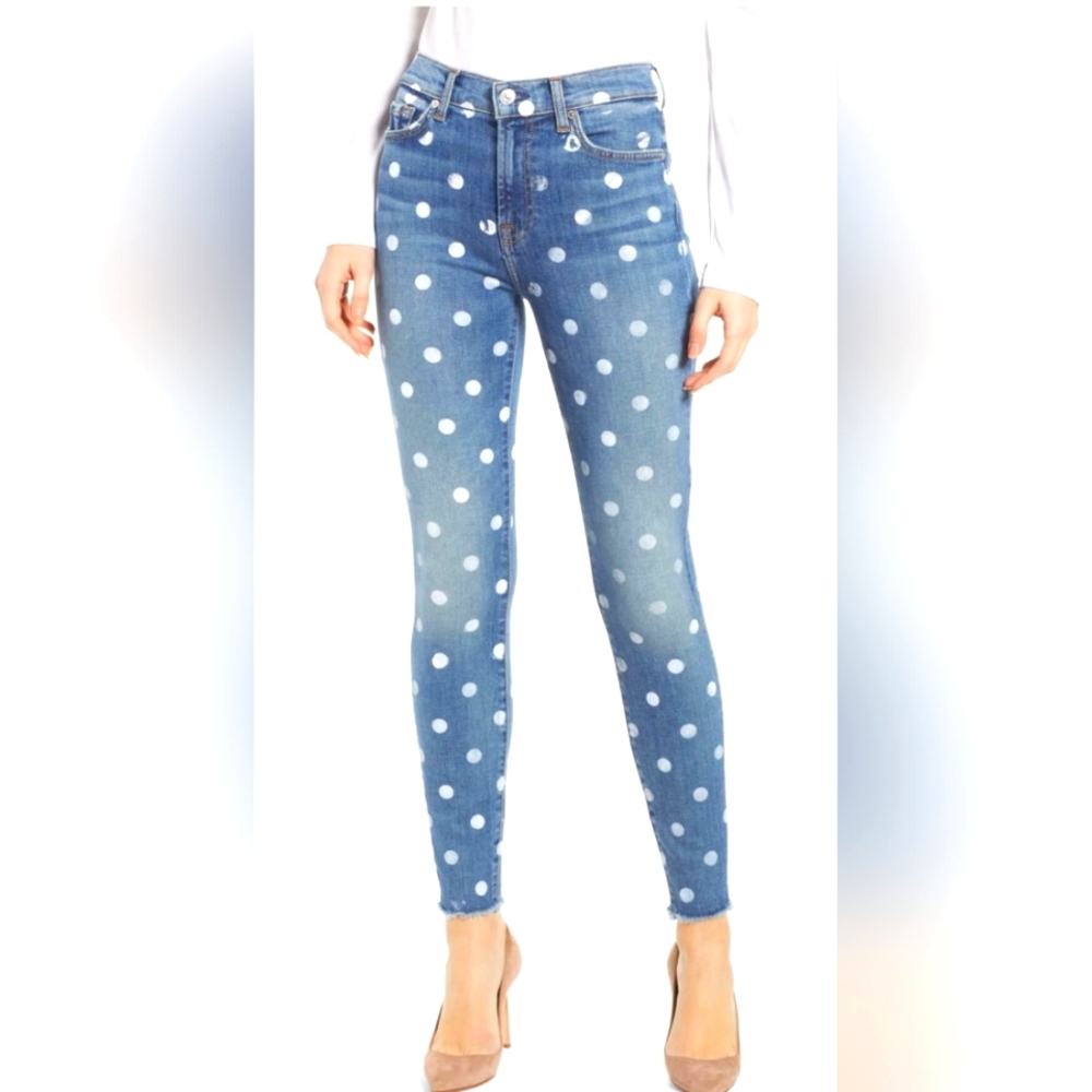 7 For All Mankind High-waist Stretch Skinny Jeans with Painted White Polka Dots